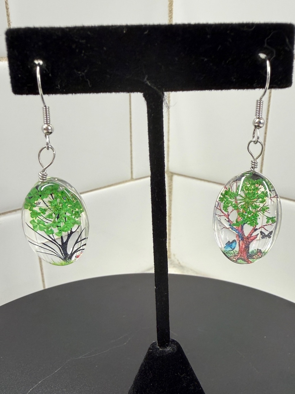 Handmade Green Tree Oval Resin Drop Earrings